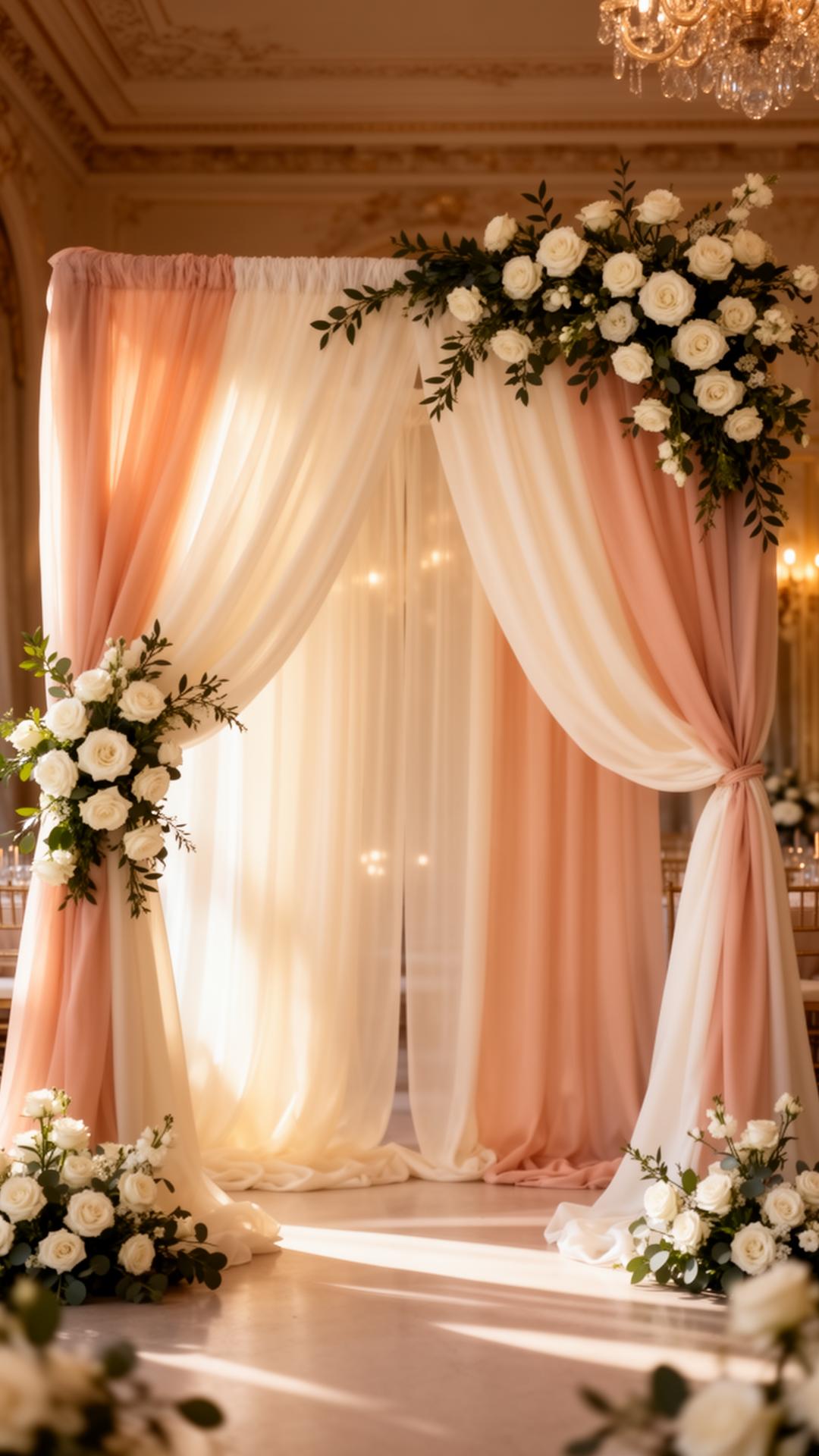 Blush and ivory fabric draping with floral arch by FLWRS by a