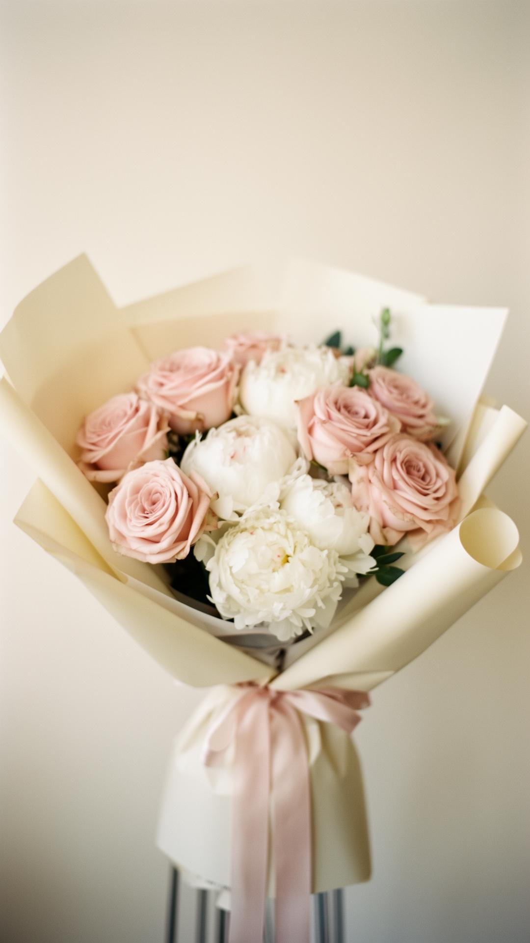 Soft blush rose and white peony bouquet wrapped in cream paper by FLWRS by a